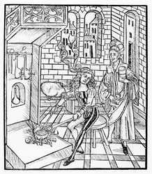 1497年にストラスブールで出版された「ダスブーフデアチルギア」の外科医の補助加熱薬